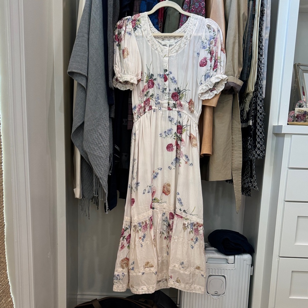 LoveShackFancy Wendy Silk Cream Floral Midi Dress